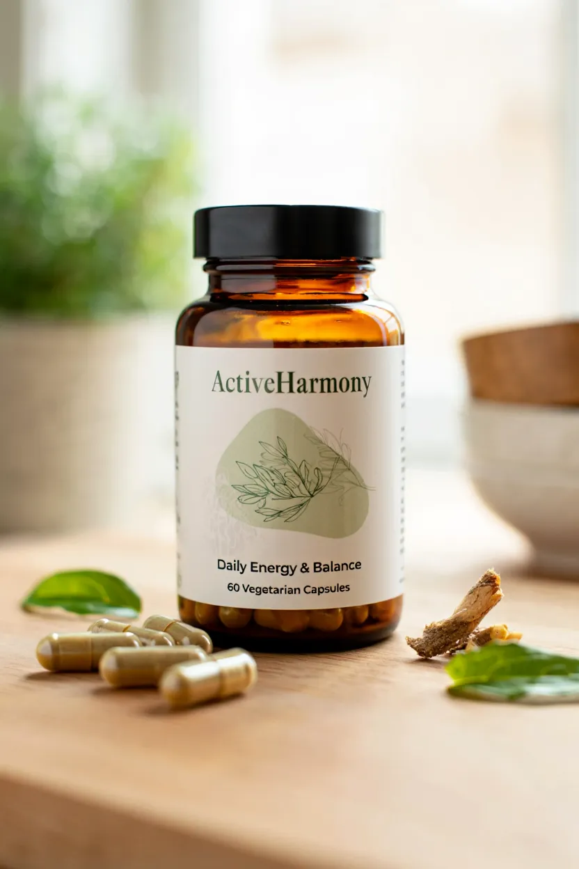 ActiveHarmony supplement bottle with natural ingredients for daily energy and balance